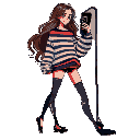 young woman, very slender body, long wavy brown hair, looking at herself in a mirror selfie. wearing a loose, oversized horizontal striped sweater (navy, red, and light blue stripes), very short black shorts, sheer black knee-high socks, and black mary ja