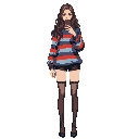 young woman, very slender body, long wavy brown hair, looking at herself in a mirror selfie. wearing a loose, oversized horizontal striped sweater (navy, red, and light blue stripes), very short black shorts, sheer black knee-high socks, and black mary ja
