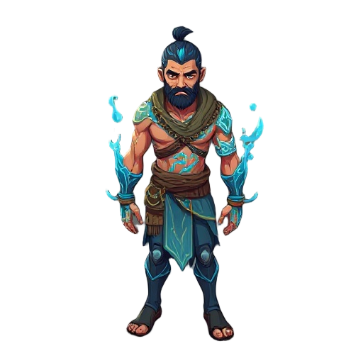 an amazigh warrior frol the atlas mountains. he is humanoïd but not entirely human. his body is made of water but also flesh. he can turn (partially) parts of his body into water, as a reference the logia type power holders in one piece. or entirely turn 