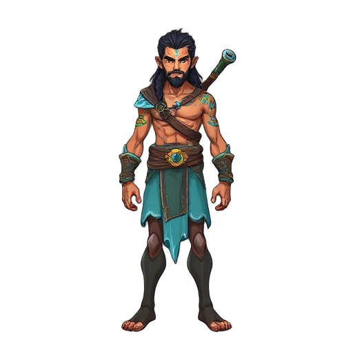 an amazigh warrior frol the atlas mountains. he is humanoïd but not entirely human. his body is made of water but also flesh. he can turn (partially) parts of his body into water, as a reference the logia type power holders in one piece. or entirely turn 