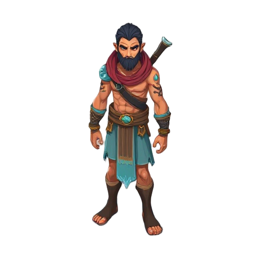 an amazigh warrior frol the atlas mountains. he is humanoïd but not entirely human. his body is made of water but also flesh. he can turn (partially) parts of his body into water, as a reference the logia type power holders in one piece. or entirely turn 