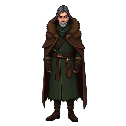 he dresses like a man who wants to look respectable, but every detail whispers deceit. a long, dark-green wool tunic falls to his knees, its hem frayed yet carefully patched to signal false modesty. over it, he wears a heavy brown cloak lined with fox fur