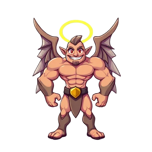 god-like being, wings, huge muscles, red eyes, yellow halo ring, smileing