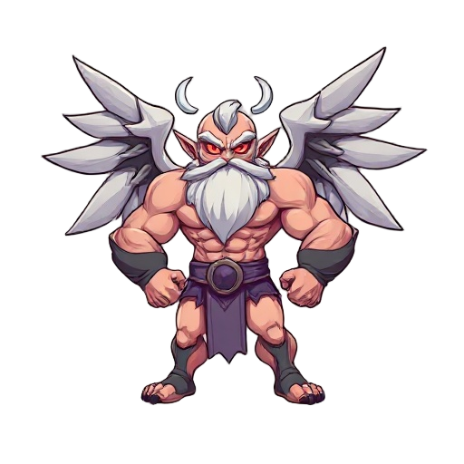 god-like being, wings, huge muscles, red eyes