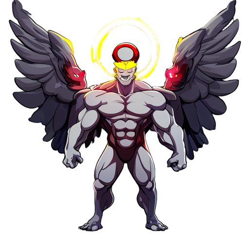 god-like being, wings, huge muscles, red eyes, yellow halo ring, smileing