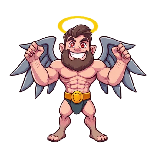 god-like being, wings, huge muscles, red eyes, yellow halo ring, smileing