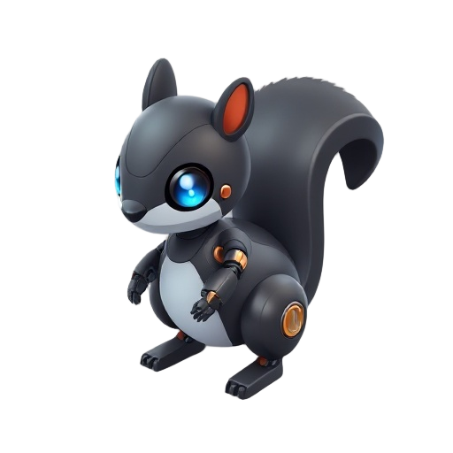 a cute, small, robotic squirrel named mipsy. it has a shiny, metallic, dark grey body with subtle copper accents on its joints and tail. its eyes are bright, glowing blue leds. the tail is bushy like 