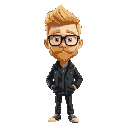 full body character image of nerdy man with prominent glasses and blond hair that is short and neatly trimmed. their facial hair matches in color, forming a full but short beard. leather jacket
