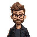 a nerdy man with prominent glasses and dark blond hair that is short and neatly trimmed. their facial hair matches in color, forming a full but short beard. leather jacket