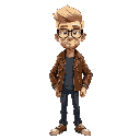 full body character image of nerdy, tall man with prominent glasses, and short blond hair and facial stubble. light brown leather jacket