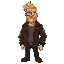 a tall blond nerdy man with beard and stubble wearing a brown leather jacket
