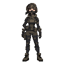stylised woman, in comando gear, wearing a gasmask and arm cannon
