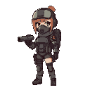 chibi woman wearing commando gear, stylised gasmask and arm cannon on left arm
