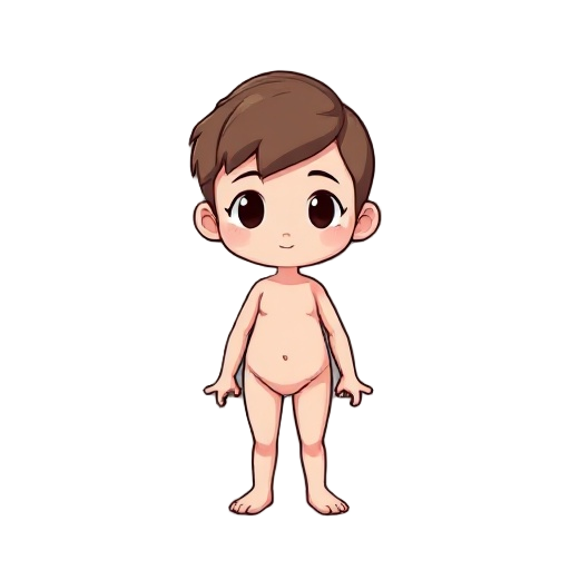 design a 2d character base in chibi style, facing forward with no hair and no clothing.  visual style: - chibi proportions: large head, small body, short limbs - clean line art, pastel shading, no outlines around body - gender-neutral and expressionless f