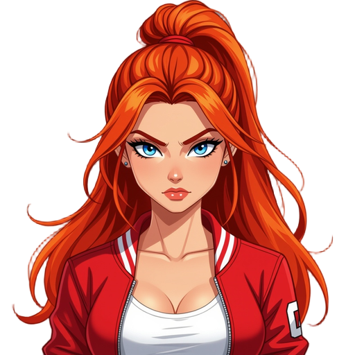 a fierce young woman with long, fiery red hair tied in a high ponytail, striking blue eyes, and a determined expression. she wears a cropped red varsity-style jacket over a tight white tank top, revea