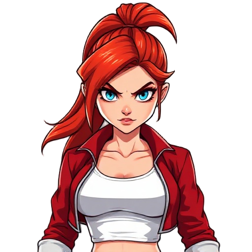 a fierce young woman with long, fiery red hair tied in a high ponytail, striking blue eyes, and a determined expression. she wears a cropped red varsity-style jacket over a tight white tank top, revea