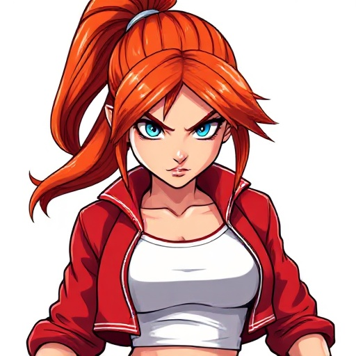a fierce young woman with long, fiery red hair tied in a high ponytail, striking blue eyes, and a determined expression. she wears a cropped red varsity-style jacket over a tight white tank top, revea