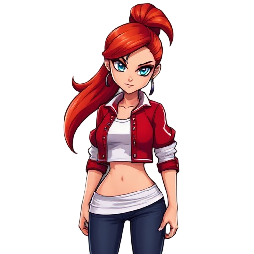 a fierce young woman with long, fiery red hair tied in a high ponytail, striking blue eyes, and a determined expression. she wears a cropped red varsity-style jacket over a tight white tank top, revea