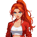 a fierce young woman with long, fiery red hair tied in a high ponytail, striking blue eyes, and a determined expression. she wears a cropped red varsity-style jacket over a tight white tank top, revea