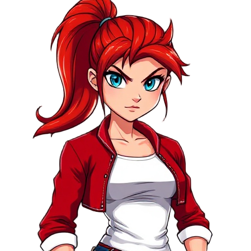 a fierce young woman with long, fiery red hair tied in a high ponytail, striking blue eyes, and a determined expression. she wears a cropped red varsity-style jacket over a tight white tank top, revea