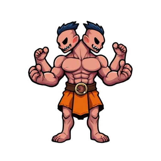 the image shows a pixelated character with two heads, four arms, and a muscular build. the character is wearing an orange skirt-like garment and a belt with a circular buckle.