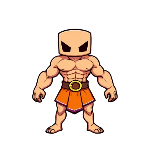 the image shows a pixelated character with two heads, four arms, and a muscular build. the character is wearing an orange skirt-like garment and a belt with a circular buckle. draw it sideways