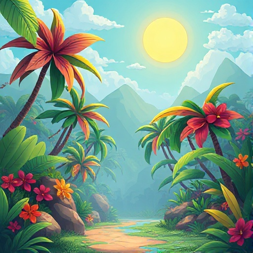 crie uma cenario para um jogo de plataforma 2d de uma floresta tropical que tenha o sol e nuvens