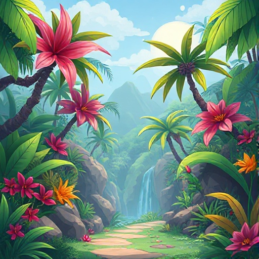 crie uma cenario para um jogo de plataforma 2d de uma floresta tropical