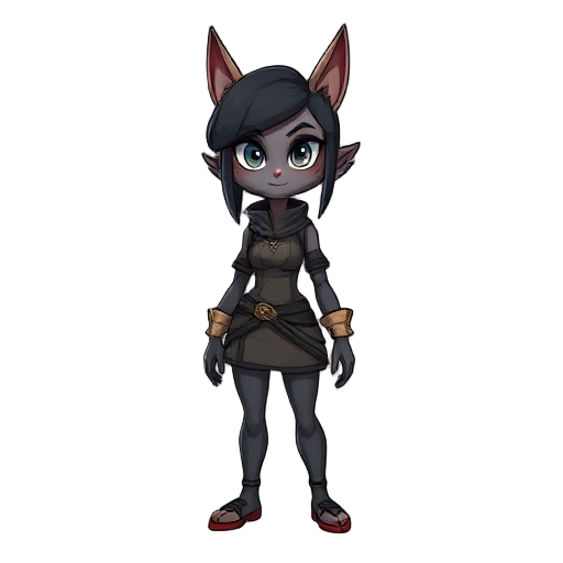 crie uma personagem morena escura de cabelos preto cabecuda de orelinha de oncinha e vestida de oncinha e de rabinho de oncinha