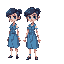 crie uma sequencia de sprites para um jogo 2d de uma personagem de uma menina morena escura de cabelos pretos de saia de vestido azul quero ela cabecuda e bem fofinha e engracadinha