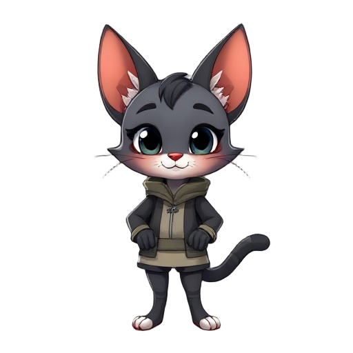 crie uma personagem gatinha maronzinha de cabelos preto cabecuda de orelinha de oncinha e vestida de oncinha e de rabinho de oncinha