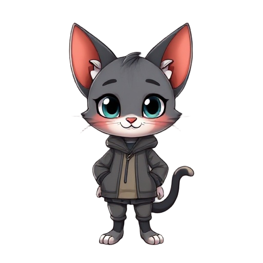 crie uma personagem gatinha branquinha de cabelos preto cabecuda de orelinha de oncinha e vestida de oncinha e de rabinho de oncinha