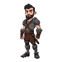 um guerreiro de lado, sem camisa, sem armadura, cabelo escuro, de barba