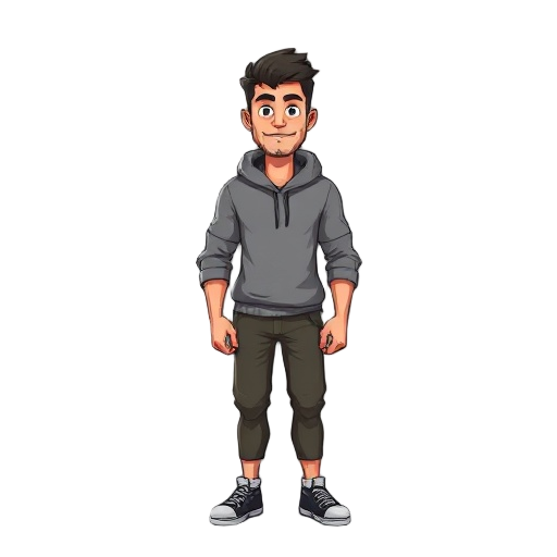 personagem masculino sorindo, com roupa basica.