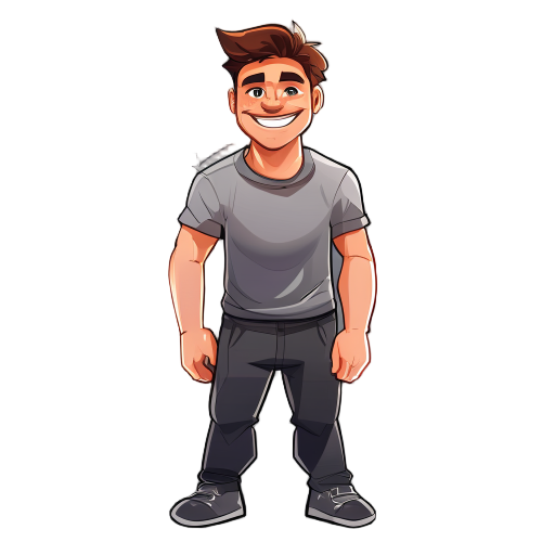 personagem masculino sorindo, com roupa basica.