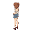 girl with casual clothes and high heels facing left, camera view high top-down (ca 35 degrees), without outline (lineless), flat shading and medium detail