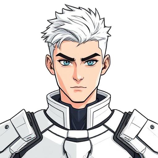 male 23 years old. detailed line-artm athletic physique. hair short, layered, white hair. eyes intense blue, confident gaze. armor: sleek, futuristic lightweight white metallic armor