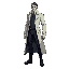 man, wearing a white victorian hunter's trench coat, black trousers and boots, with dark hair and no hat