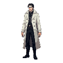 man, wearing a white victorian hunter's trench coat, black trousers and boots, with dark hair and no hat