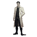 man with one hand in his pocket, wearing a white victorian hunter's trench coat, black trousers and boots, with dark hair and no hat.