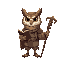 an humanized fantasy owl with human clothes, staff in the right hand, and book in the left hand