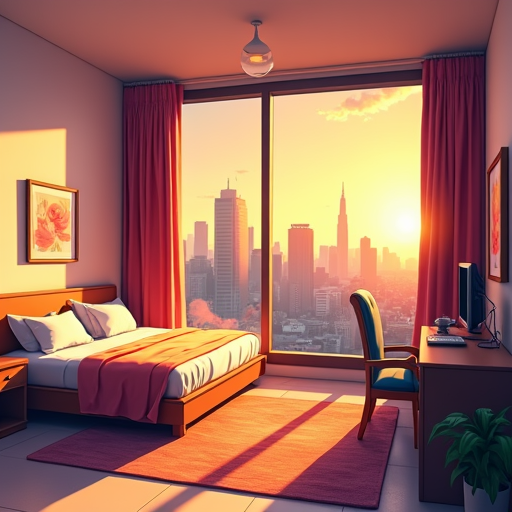 das innere einer hochhaus-einzimmerwohnung mit sonnenuntergang im fenster. in der wohnung soll bett, bad, küche, tisch, laptop/pc, sofa und fernseher ersichtlich sein. ansicht von schräg oben