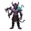 muscular demon shirtless demon with leather pants, he has a purple oni head with orange eyes, with an axe in hand facing sideways with a japanese masakari in hand and a turqoise snake on his shoulder