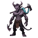 muscular shirtless demon with leather pants, a violet oni head with glowing orange eyes, with an axe in hand facing sideways with a japanese kanabo in hand and a turqoise snake on his shoulder