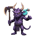 a purple oni with orange eyes, with an axe in hand facing sideways with a japanese masakari in hand and a turqoise snake on his shoulder
