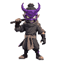 a fighting game character with a purple oni mask on his face and a masakari in his hand
