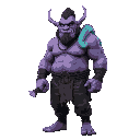 tubby, violet shirtless oni with leather pants, with a japanese kanabō in hand facing sideways a turqoise snake on his shoulder