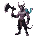 muscular shirtless demon with leather pants, a violet oni head with glowing orange eyes, with an axe in hand facing sideways with a japanese masakari in hand and a turqoise snake on his shoulder