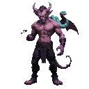 muscular shirtless demon with leather pants, a violet oni head with glowing orange eyes, with an axe in hand facing sideways with a japanese club in hand and a turqoise snake on his shoulder