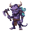 a purple oni with orange eyes, with an axe in hand facing sideways with a japanese masakari in hand and a turqoise snake on his shoulder